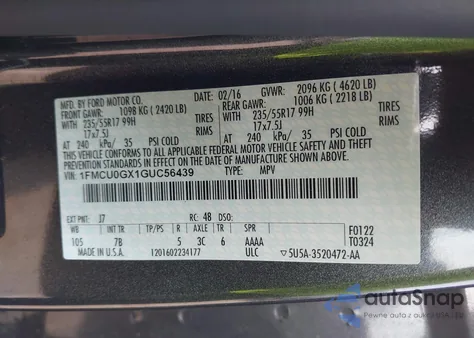 2016 Ford Escape Se из США, поврежденный, VIN 1FMCU0GX1GUC56439